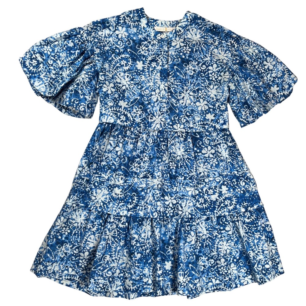 Marie Oliver Florence Mini Dress Women Small Blue White Floral Batik Puff Sleeve